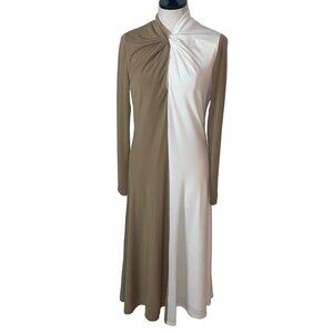 Halston Adelina Jersey Dress Size 8 Tan White Colorblock Twisted Neck Pullover
